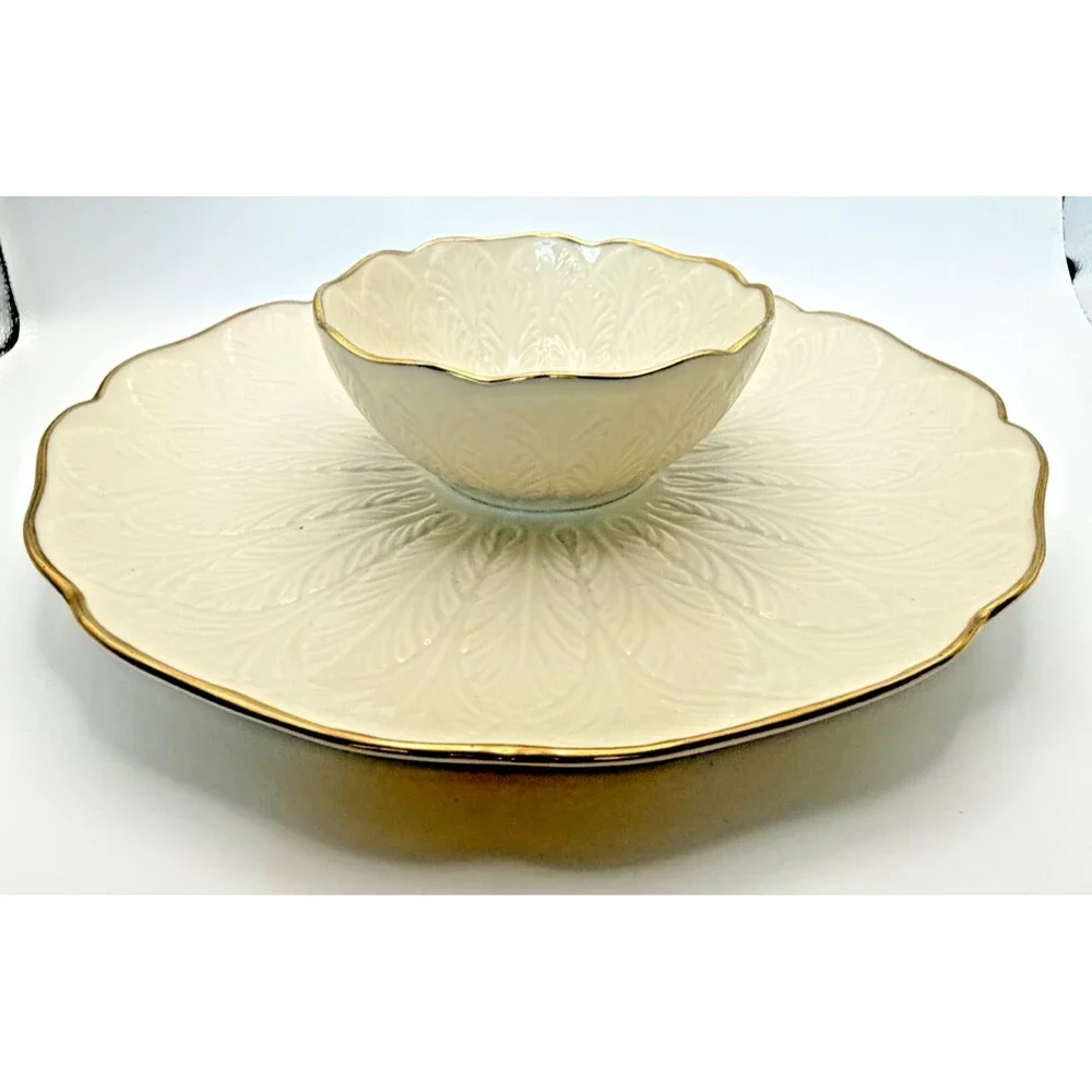 Lenox CHIP & DIP SET Greenfield Collection Embossed Ivory Porcelain 24k Gold 10